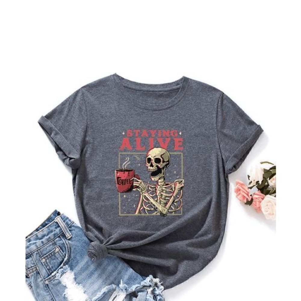 Teedino Dark Gray & Red 'Staying Alive' Skeleton Tee 3XL
